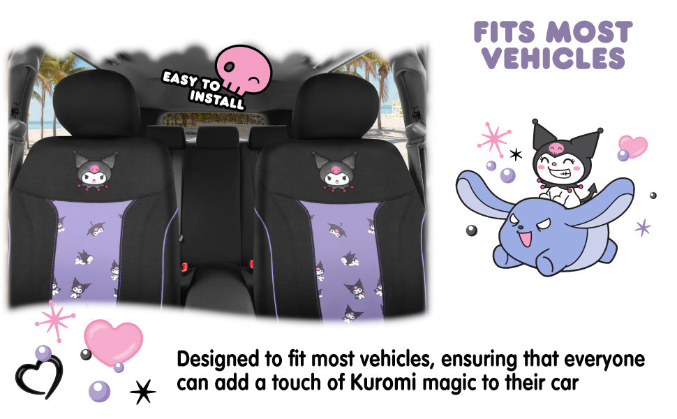 Hello Kitty Kuromi Car Seat Covers - Cute Black and Purple Front Seat Covers with Lavender Accents, Durable and Comfortable Polyester, Car