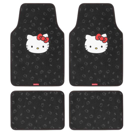 Hello Kitty Carpet Car Floor Mats - Universal Fit for Cars, SUVs & Trucks - Black with Red Bow & Hello Kitty Print - Front & Rear Set, 4 Piece
