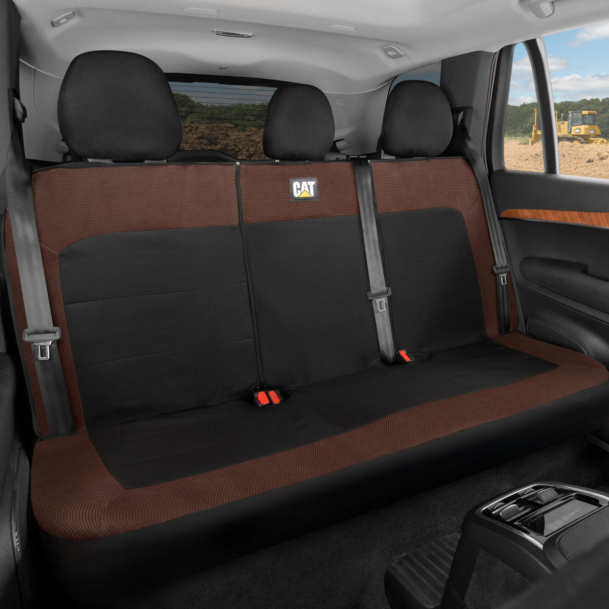 Cat Flexfit Brown & Black Rear Seat Cover for Car – Durable Canvas & Mesh Design 60/40 Split Bench Protector for Cars, Trucks & SUVs – Back Seat