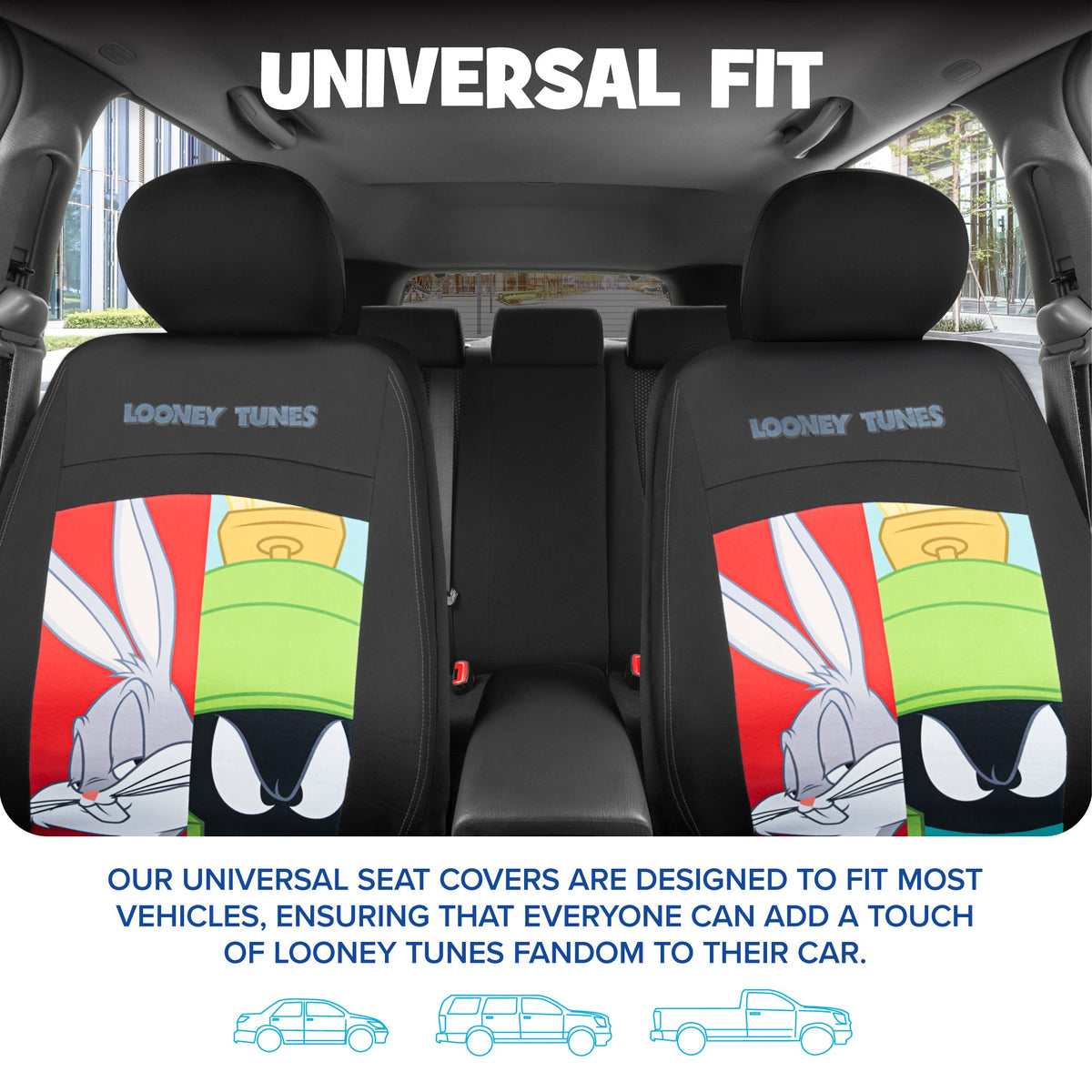 Looney Tunes Car Seat Covers – 2-Piece Front Seat Covers Featuring Bugs Bunny, Marvin the Martian, Taz & Daffy Duck – Universal Fit for Cars