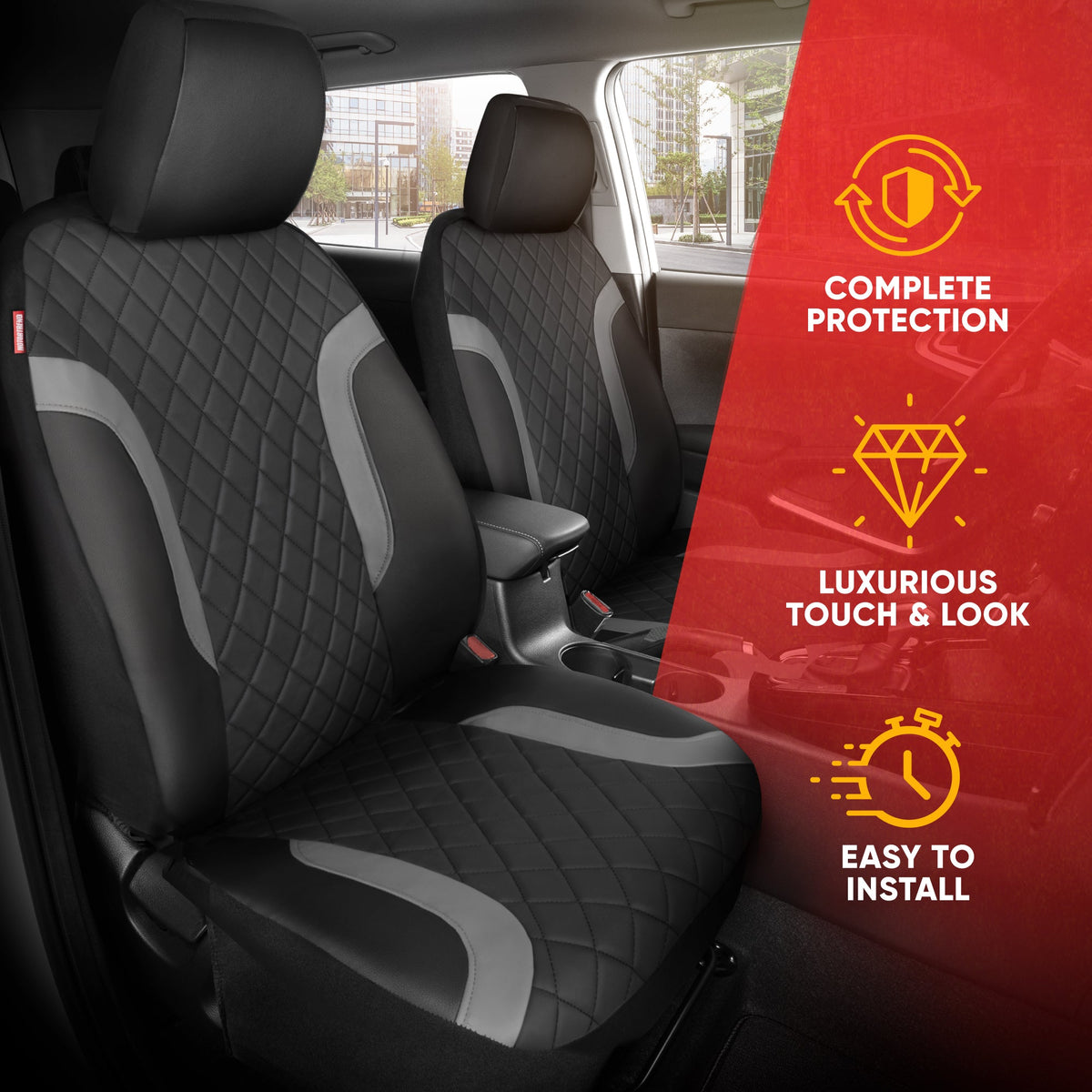Motor Trend Faux Leather Seat Covers For Trucks, Cars, & SUV - Front Black & Gray Car Seat Cover Set - Universal Fit For Most Automotives
