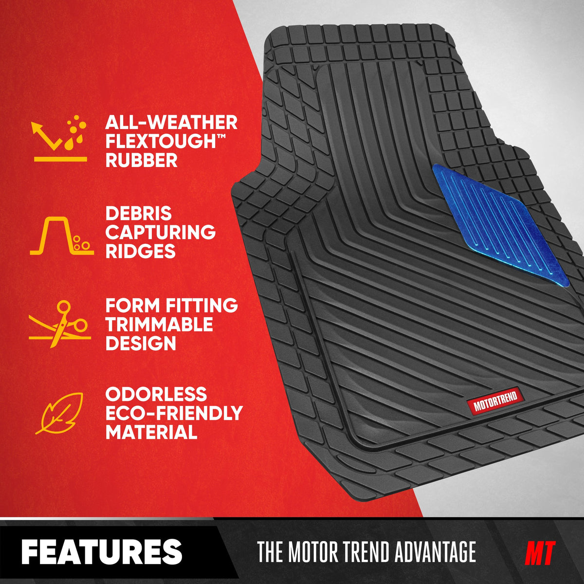 Motor Trend MetallicGuard Car Floor Mats Full Set - Durable Rubber Floor Mats with Blue Metallic Heel Pad, All-Weather Interior Protection for