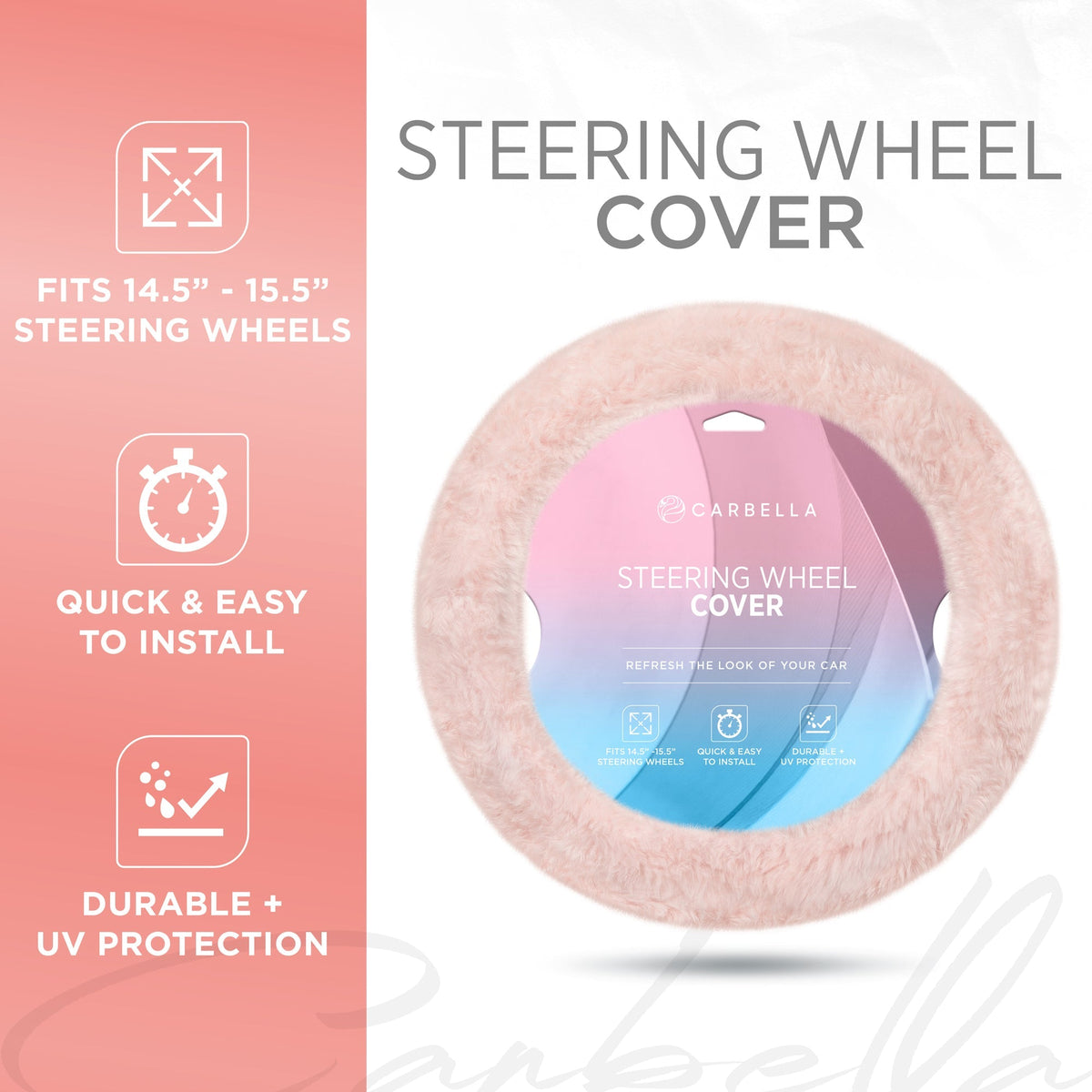 Carbella Soft Pink Fuzzy Steering Wheel Cover, Standard 15 Inch Size Fits Most Vehicles, Cute Faux Fur Car Steering Cover with Soft Fluffy Furry