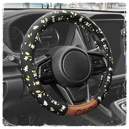 C&C California Car Steering Wheel Cover Floral Daisy Flowers, Non Slip Black Leather Steering Wheel Cover for Women Men, Cute Comfortable Soft