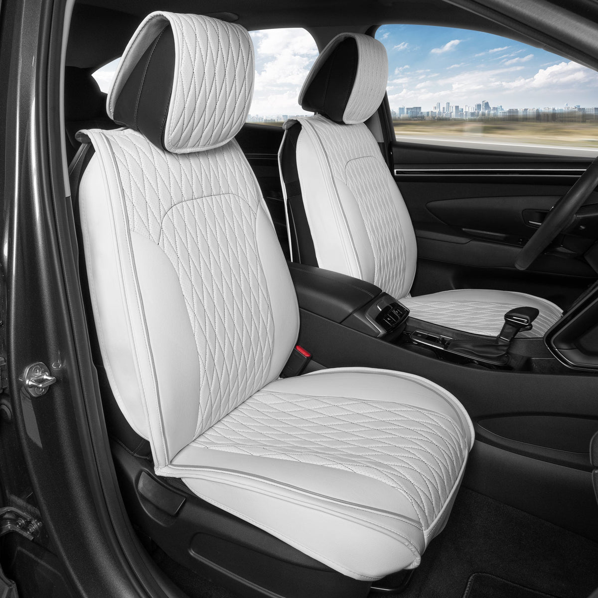 Car Seat Covers - DiamondLux Edition Premium Faux Leather Seat Protectors - Double Cross Stitched Cushioned Automotive Accessories for Trucks