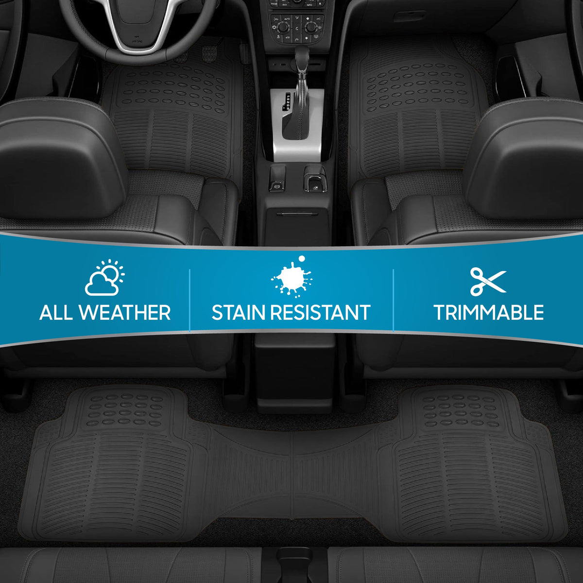 BDK 3-Piece ProLiner Front Floor Mats and Rear Floor Mats - Heavy Duty, All Weather, Trim to Fit