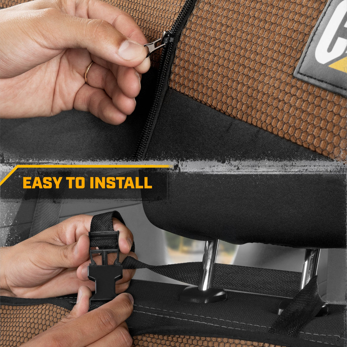 Cat Flexfit Beige & Black Rear Seat Cover for Car – Durable Canvas & Mesh Design 60/40 Split Bench Protector for Cars, Trucks & SUVs – Back Seat