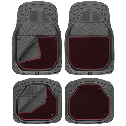 CAT 4-Piece Detachable Carpet Deep Dish Front Floor Mats and Rear Floor Mats - Heavy Duty, All Weather, Trim to Fit - Burgundy