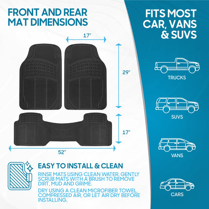 BDK 3-Piece ProLiner Front Floor Mats and Rear Floor Mats - Heavy Duty, All Weather, Trim to Fit