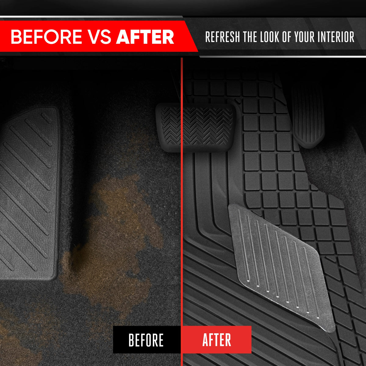 Motor Trend MetallicGuard Car Floor Mats Full Set - Durable Rubber Floor Mats with Silver Metallic Heel Pad, All-Weather Interior Protection for