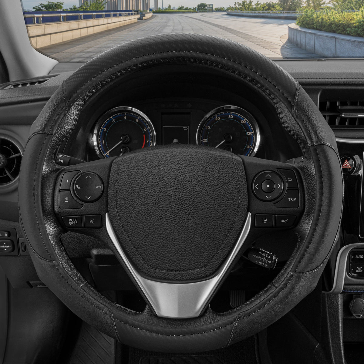 MotorTrend GripDrive Carbon Fiber Weave Ergonomic Grip Steering Wheel Cover (Fits 14.5" - 15.5") - Black
