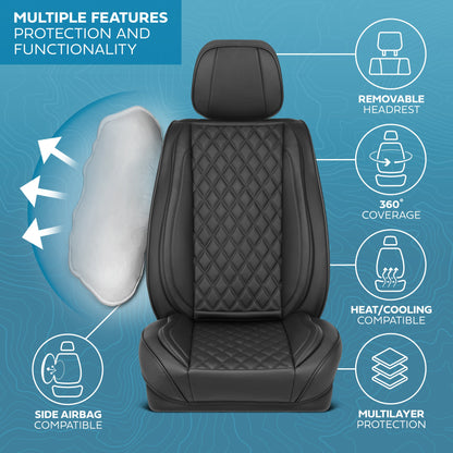 MotorBox Elite Edition Faux Leather Seat Covers for Cars, Trucks, & SUV - 2 Black Car Seat Covers for Front Seats - Universal Fit Car Accessories