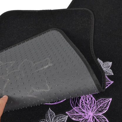 BDK 5-Piece Purple & White Flowers Front Floor Mats, Rear Floor Mats, and Steering Wheel Cover (Fits 14.5" - 15.5")