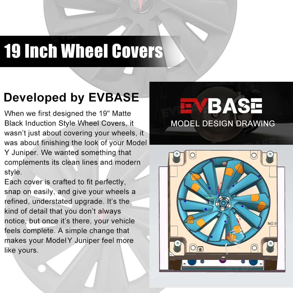 EVBASE Model Y Juniper Wheel Covers 19 Inch Induction Style Matte Black Hubcaps Rim Covers for Tesla