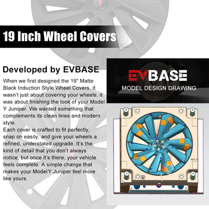EVBASE Model Y Juniper Wheel Covers 19 Inch Induction Style Matte Black Hubcaps Rim Covers for Tesla