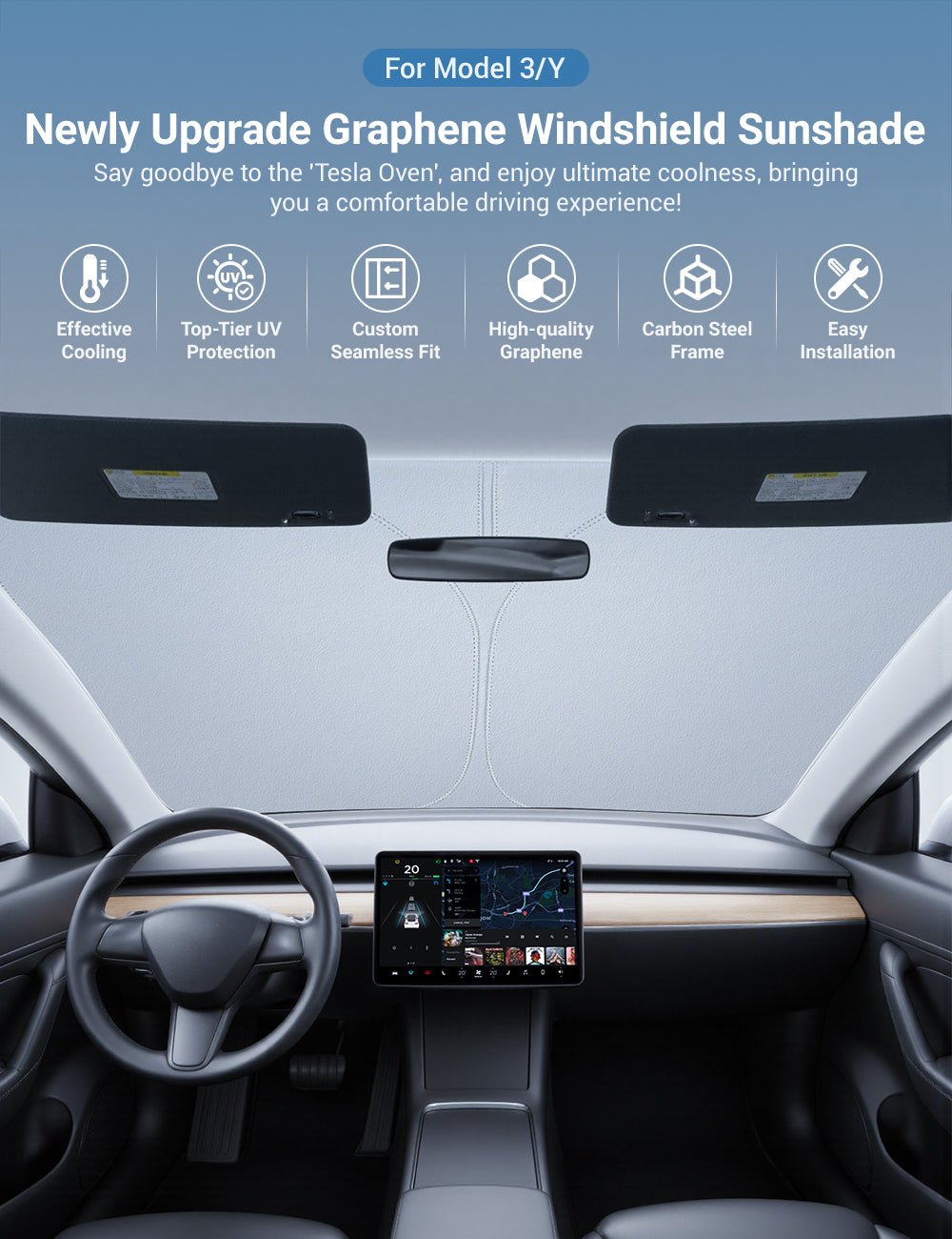 TESERY Graphene Front Windshield Sunshade for Model 3 Highland / Model Y Juniper