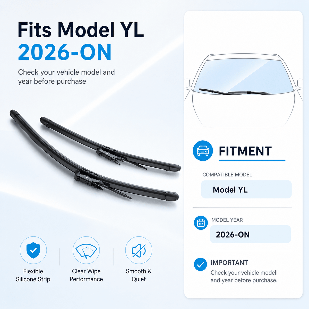 TESERY Rubber Windshield Wiper Blades for Model YL 6-Seater 2026+