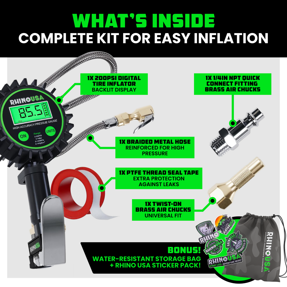 Rhino USA 200 PSI Tire Inflator Gauge