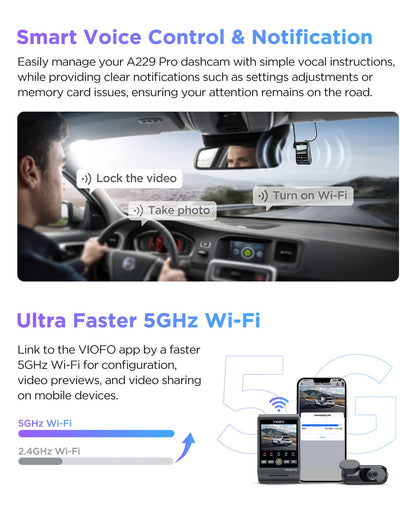 VIOFO A229 Pro 1CH 4K HDR Front Dash Cam with Sony STARVIS 2 IMX678 8MP Sensor Super Night Vision Voice Control 5GHz WiFi GPS