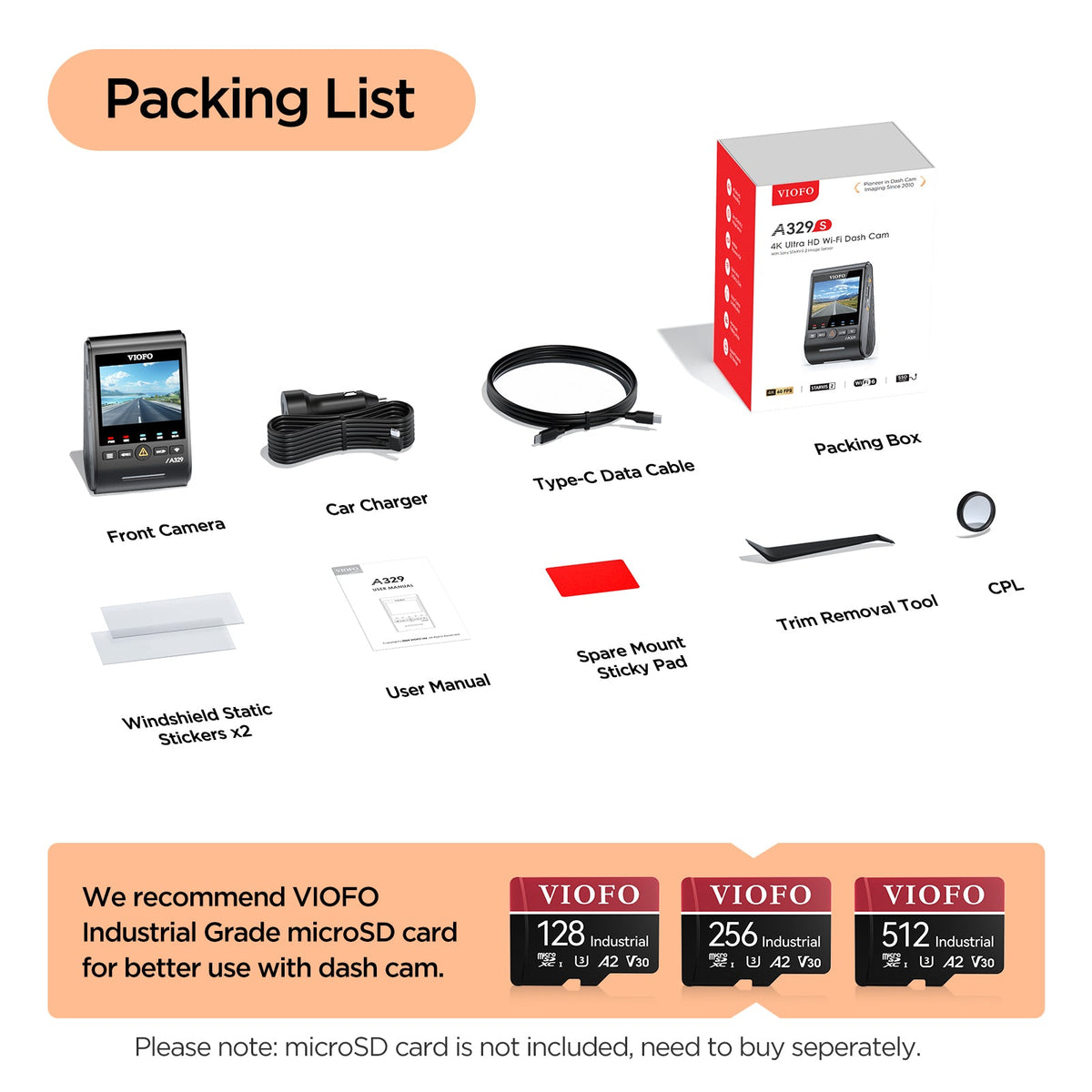 VIOFO A329S 1CH 4K 60FPS Wi-Fi 6 HDR Dash Cam with Sony STARVIS 2 Sensor, Support SSD Storage, Low Power Impact Detection