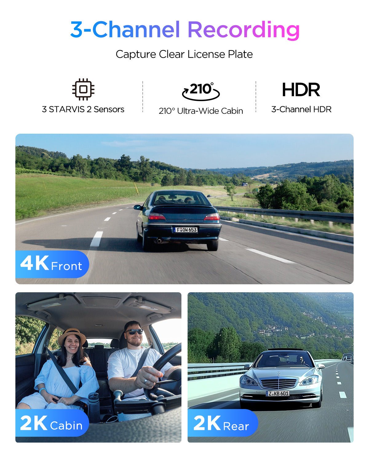 VIOFO A329S 3CH First 4K 30FPS Front+2K Wide 210° FOV Fisheye Cabin+2K Rear Dash Cam with STARVIS 2 Sensor 3-Channel HDR