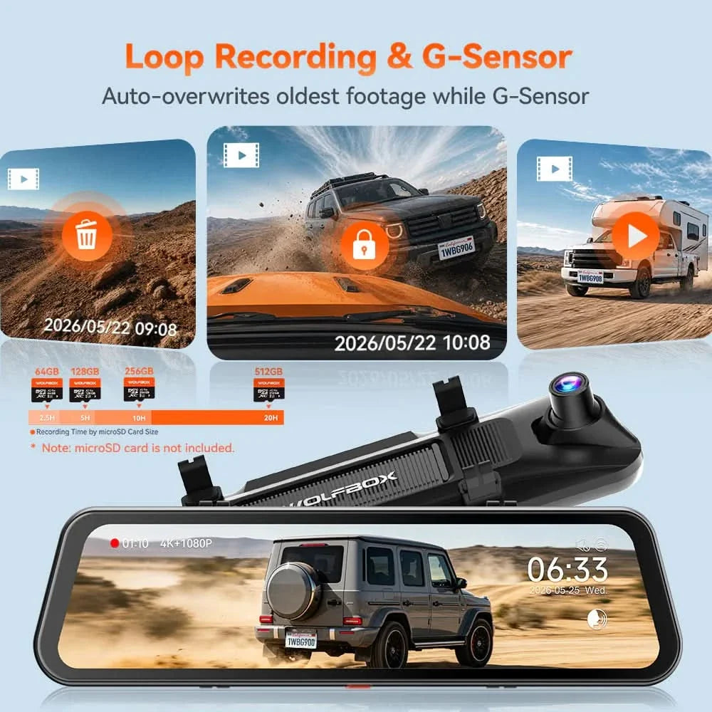 WOLFBOX G900 Core 12" 4K Front and 1080P Rear STARVIS 2 IMX678 Mirror Dash Cam