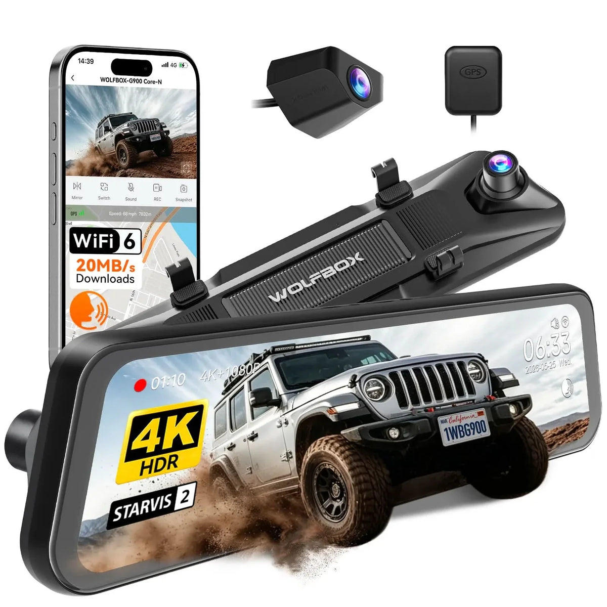 WOLFBOX G900 Core 12" 4K Front and 1080P Rear STARVIS 2 IMX678 Mirror Dash Cam