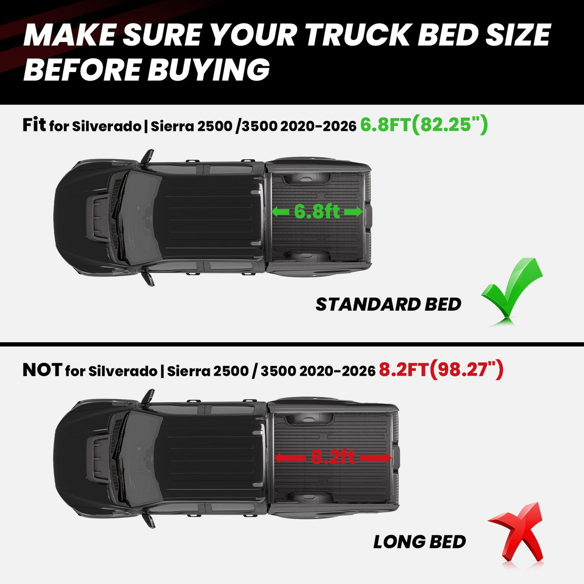 LASFIT Fit for 2020-2027 Chevrolet Silverado 2500HD 3500HD 6.8FT Bed Mat or Tailgate Mat, Not for 5th Wheel Package